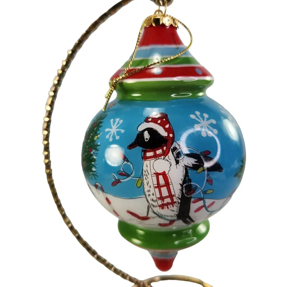 Pier 1 Li Bien Penguins Glass Ornament Handpainted Finial 2017 Gift Box READ